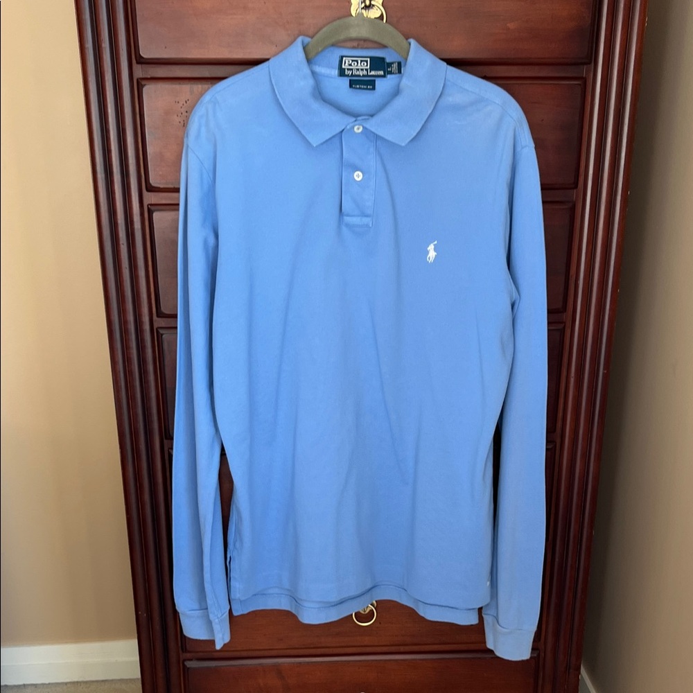 Polo by Ralph Lauren Custom Fit Long Sleeve Polo Shirt Light Blue Large